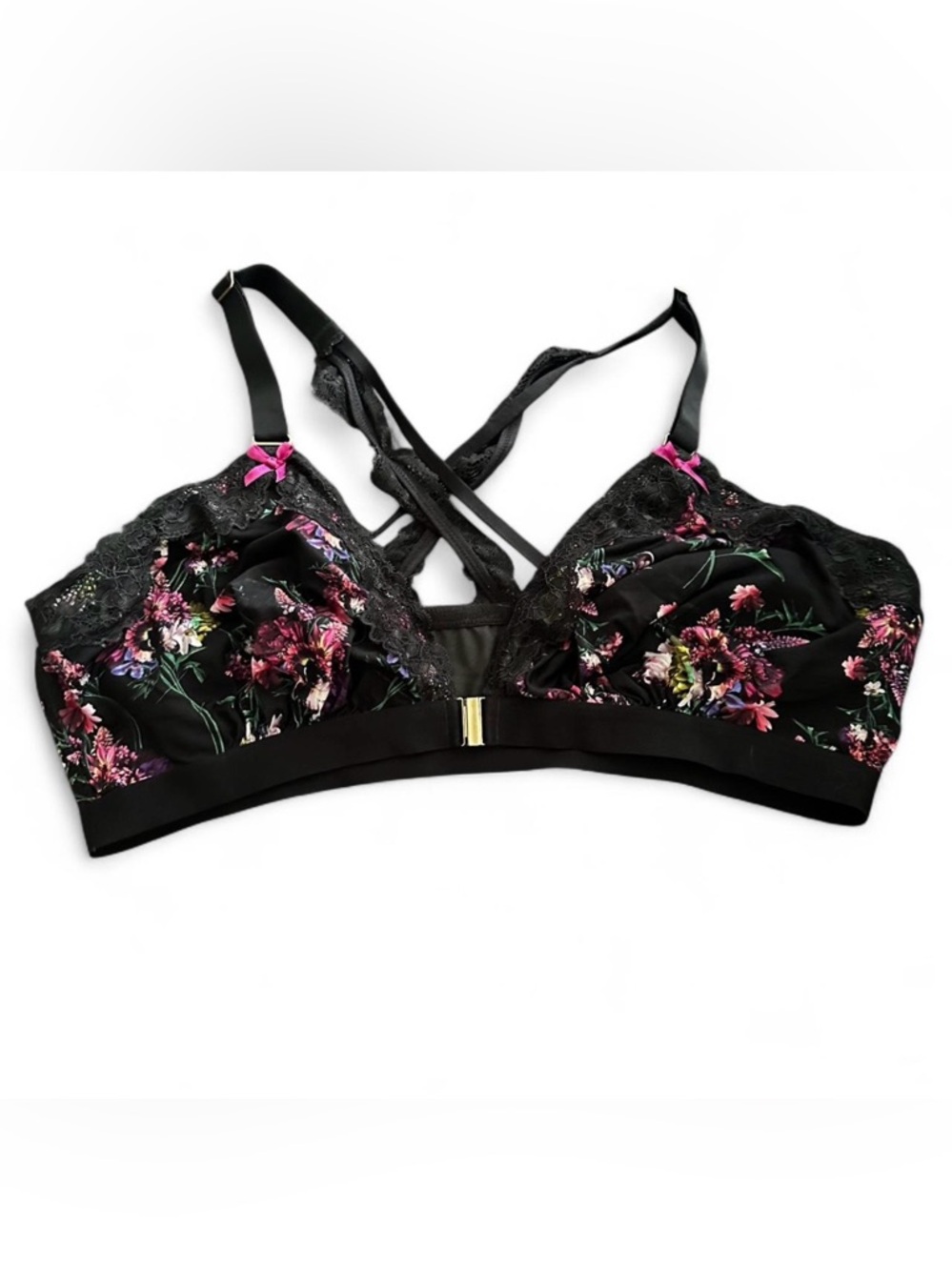 Lane Bryant Cacique Black Floral Lace Front-Close Triangle No-Wire Bra 42C